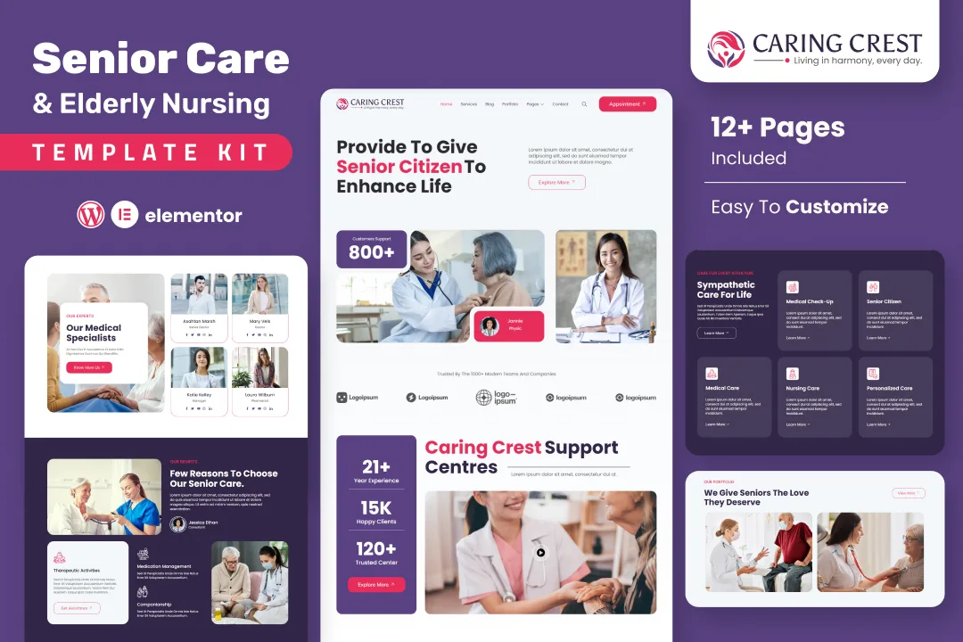 Caring Crest – Senior Care & Elderly Nursing Elementor Template Kit