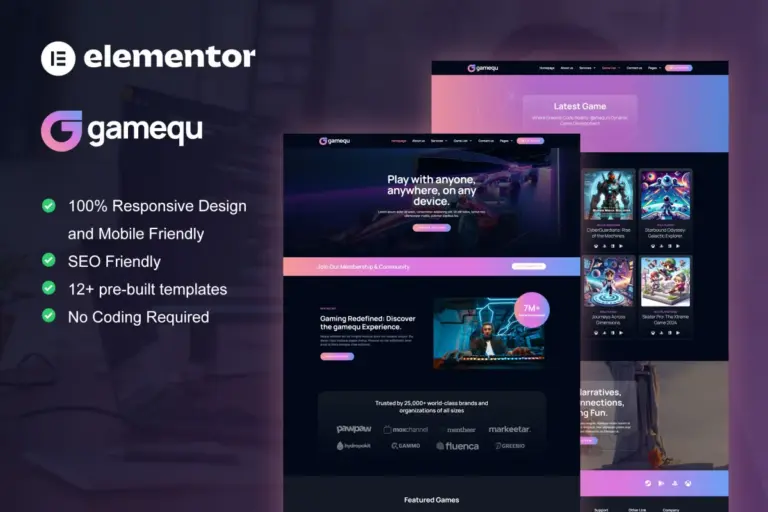 gamequ game publisher elementor pro template kit 1