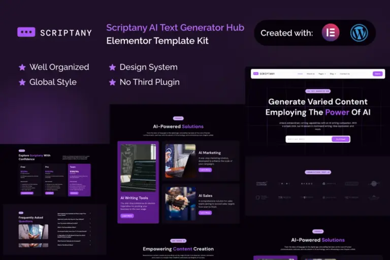 scriptany ai text generator hub elementor template kit 1
