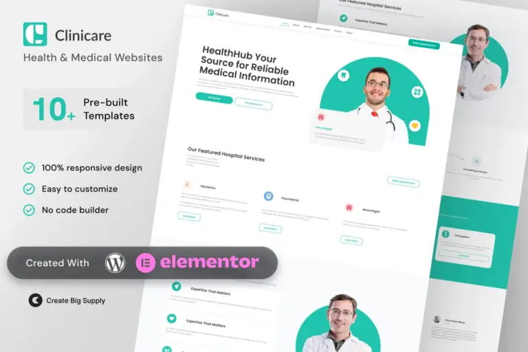 clinicare clinic medical elementor template kit 1