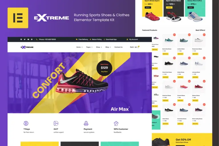 extreme running sports shoes clothes elementor template kit 1