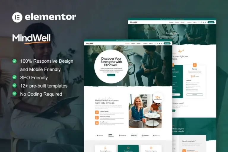 mindwell mental health care elementor pro template kit 1