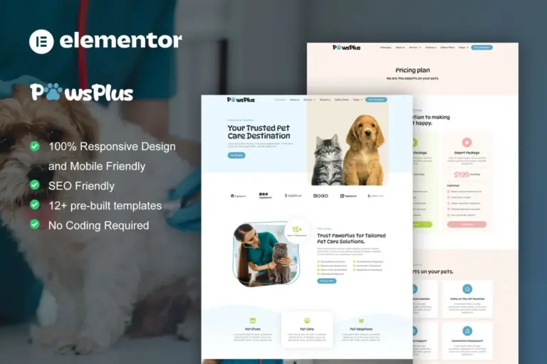 pawsplus pet care veterinary elementor template kit 1