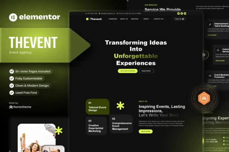 thevent event agency elementor template kit 1