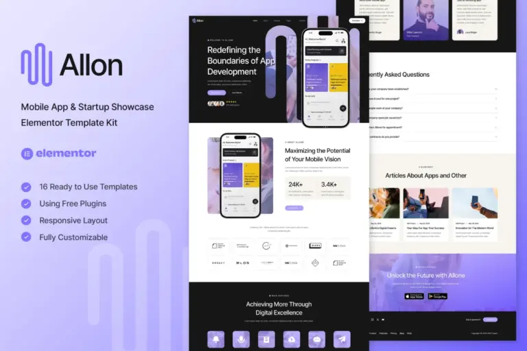 allon mobile app startup showcase elementor template kit