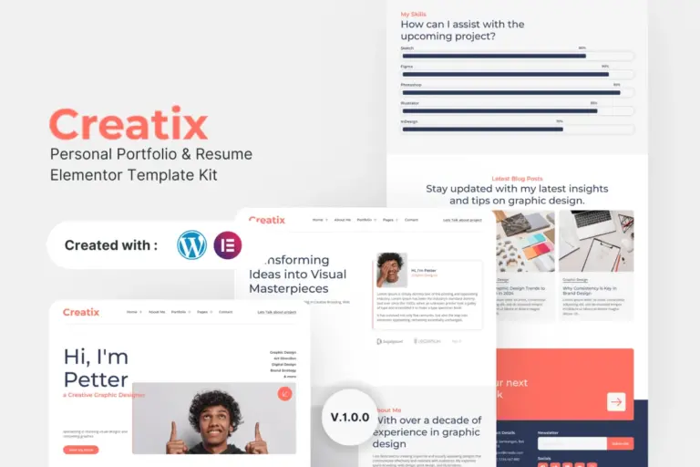 creatix personal portfolio resume elementor template kit 1