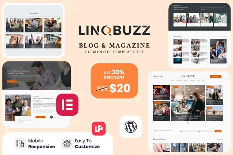 linqbuzz blog magazine elementor pro template kit 1