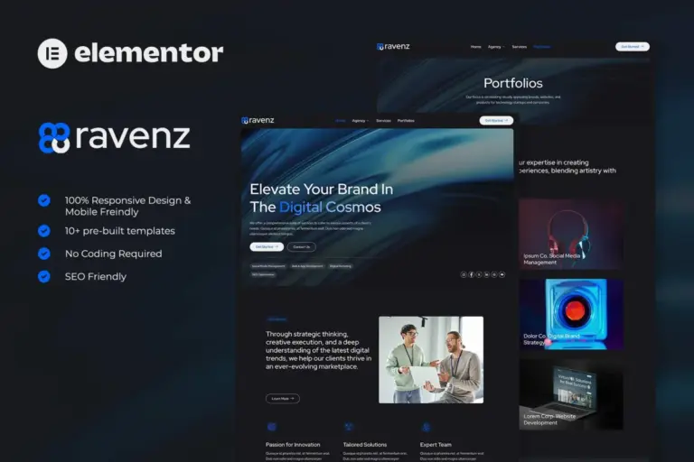 ravenz creative digital agency elementor template kit 1