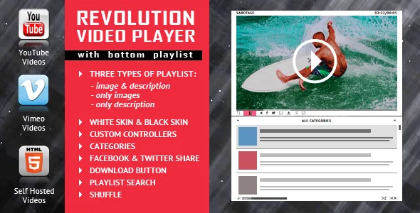 revolution video player with bottom playlist youtubevimeoself hosted support