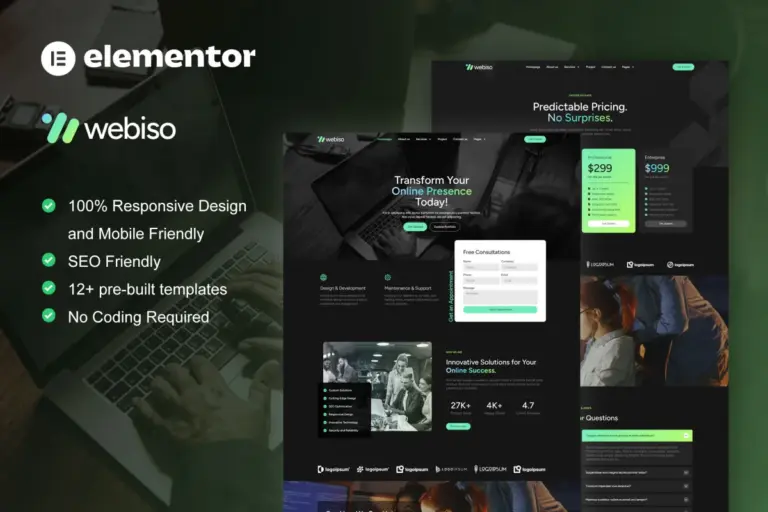 webiso dark digital agency elementor template kit 1