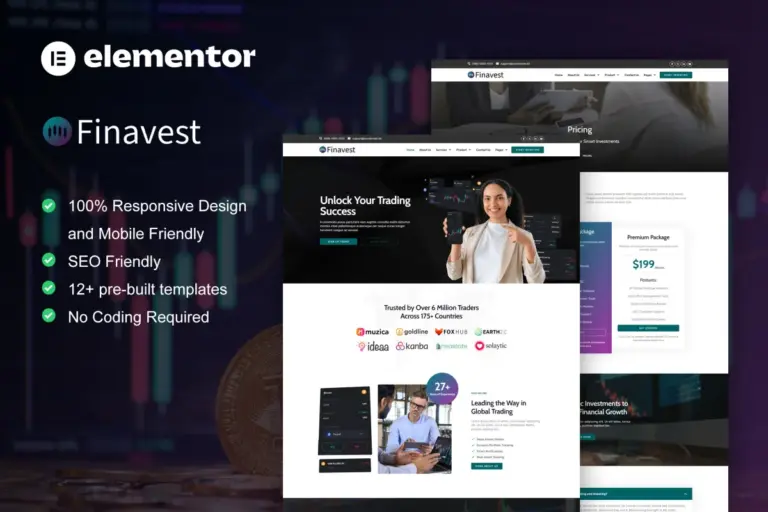 finavest trading investment elementor pro template kit 1