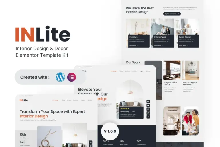 inlite interior design decor elementor template kit 1