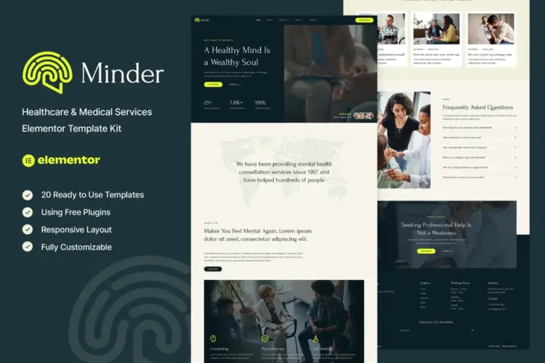 minder mental health therapy elementor template kit 1
