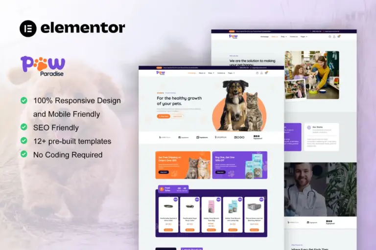 pawparadise woocommerce pet shop elementor template kit 1