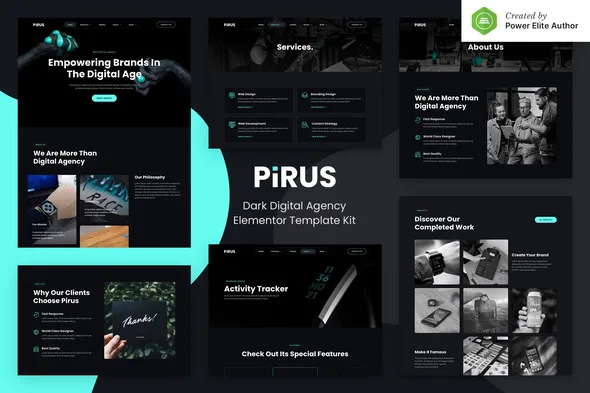 pirus dark digital agency elementor template kit 1