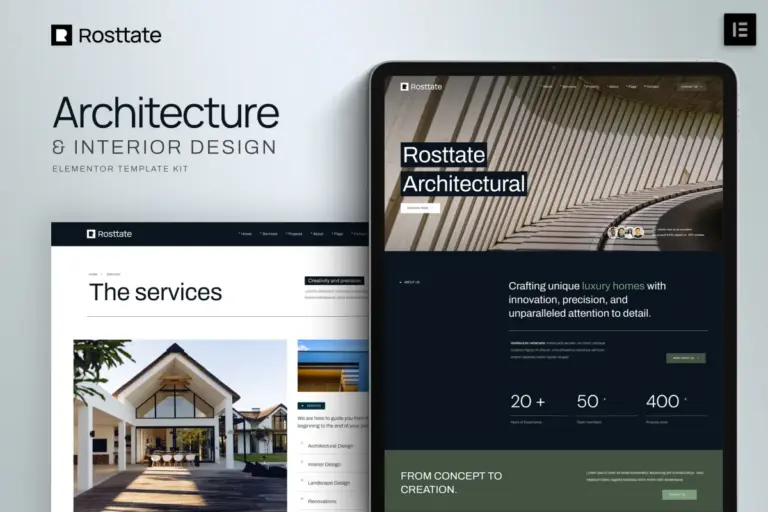 rosttate architecture interior design elementor template kit 1