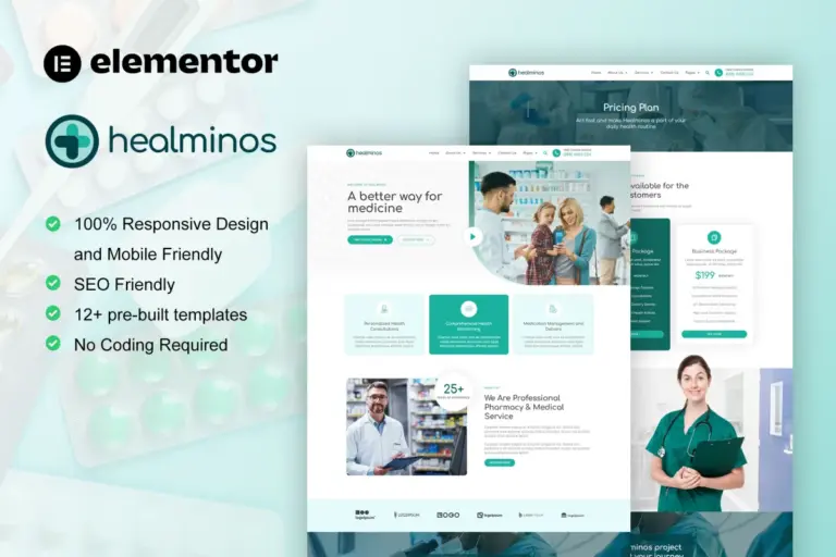 healminos pharmacy medical service elementor template kit 1