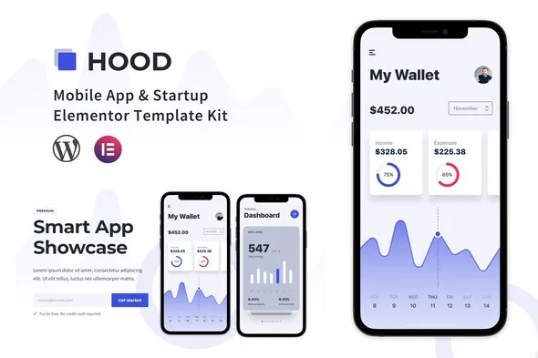hood mobile app startup elementor template kit 1