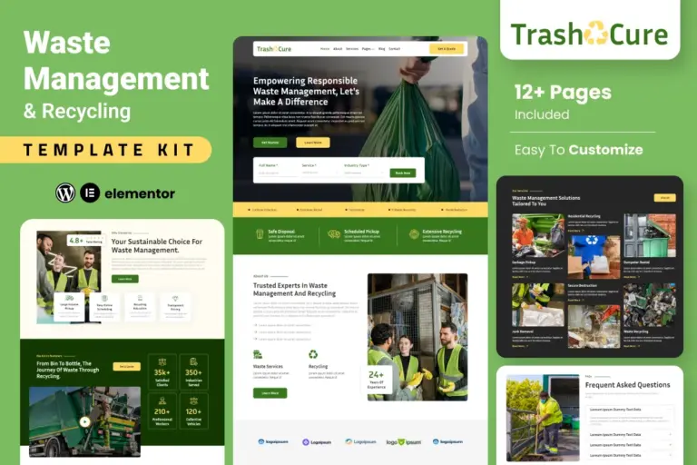 trashcure waste management recycling service elementor template kit 1