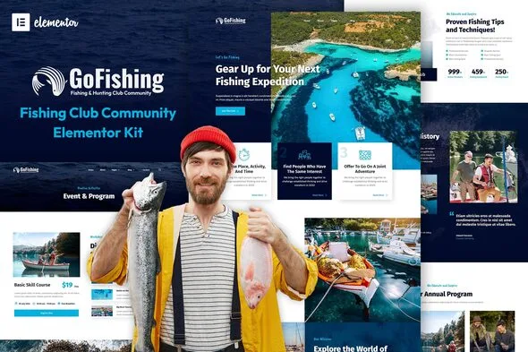 go fishing fishing club community elementor template kit 1