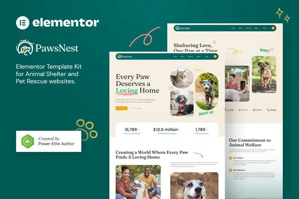 pawsnest animal shelter pet rescue elementor template kit 1