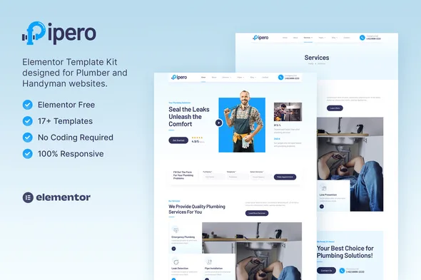 pipero plumber handyman services elementor template kit 1