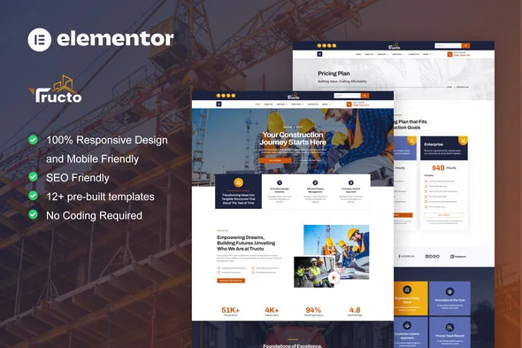 tructo construction service building elementor pro template kit 1