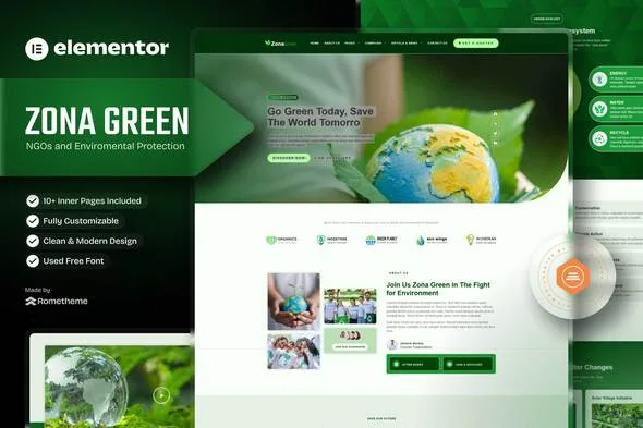 zona green ngos environmental protection elementor template kit 1