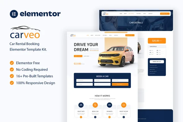 carveo car rental elementor template kit 1