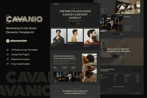 cavanio barbershop hair studio elementor template kit 1