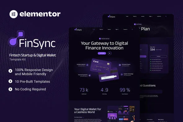 finsync fintech startup digital wallet elementor template kit 1