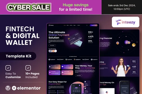 finteezy fintech startup digital wallet elementor template kit 1