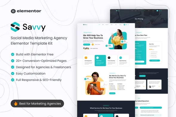 savvy social media marketing agency elementor template kit 1