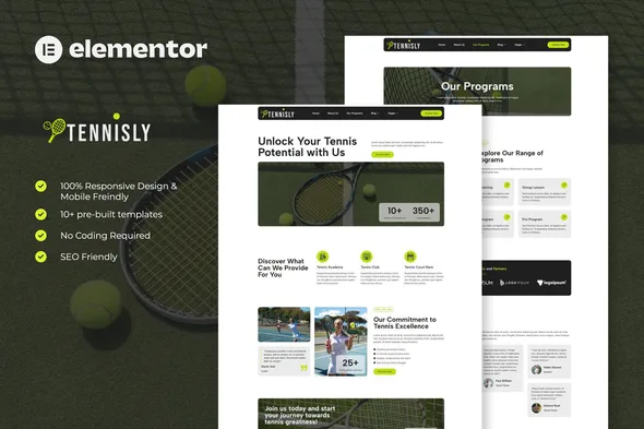 tennisly tennis school sports club elementor template kit 1
