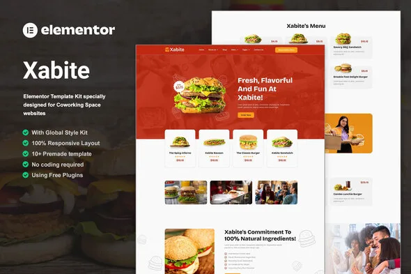 xabite burger fast food elementor template kit 1