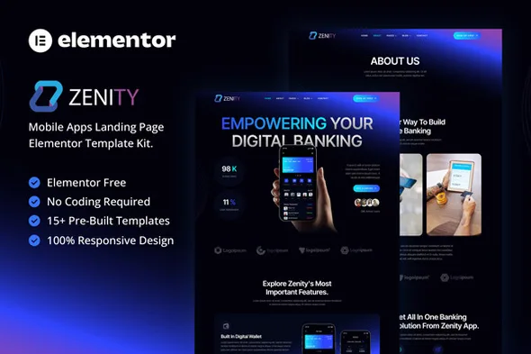 zenity mobile app landing page elementor template kit 1