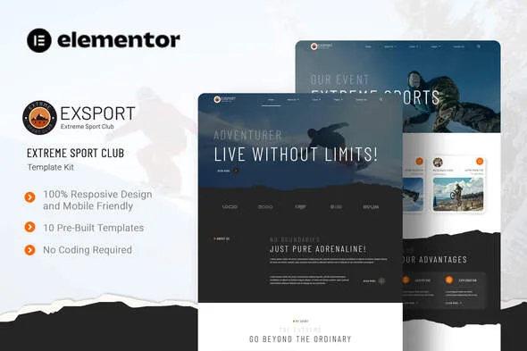 exsport extreme sport club elementor template kit 1