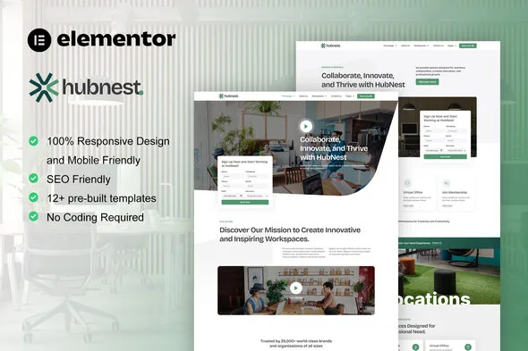 hubnest coworking space virtual office elementor pro template kit 1