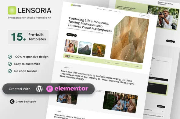 lensoria photographer studio portfolio elementor template kit 1