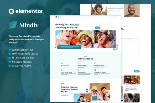 mindiv mental health therapy elementor template kit 1