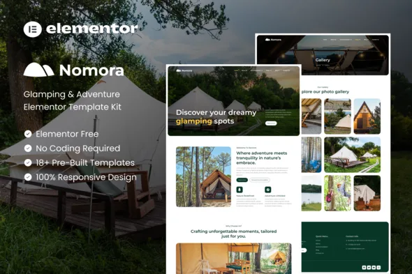 nomora glamping adventure elementor template kit 1