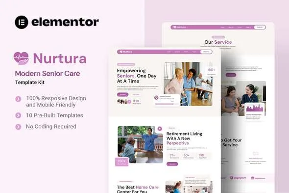 nurtura modern senior care elementor template kit 1