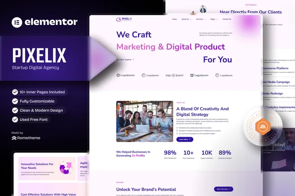 pixelix startup digital agency elementor template kit 1
