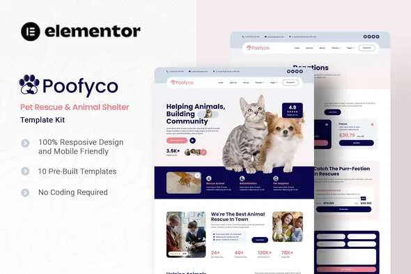 poofyco pet rescue animal shelter elementor template kit 1