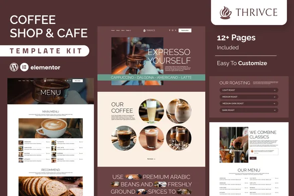 thrivce coffee shop cafe elementor template kit 1