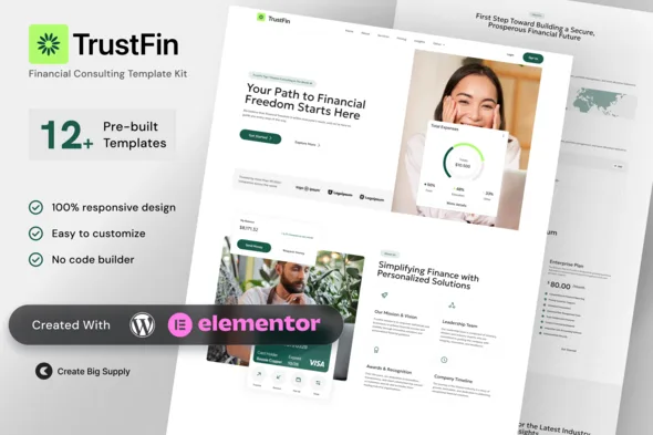 trustfin financial consulting elementor template kit 1