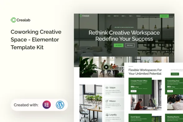 crealab coworking creative space elementor template kit 1