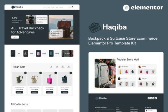 haqiba backpack suitcase store ecommerce elementor pro template kit 1