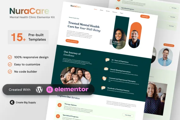 nuracare mental health clinic elementor template kit 1