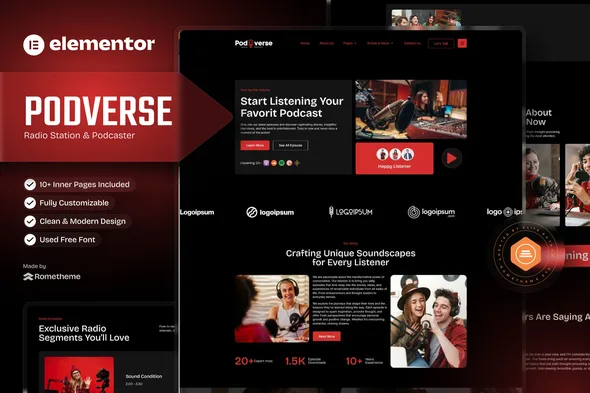 podverse radio station podcaster elementor template kit 1